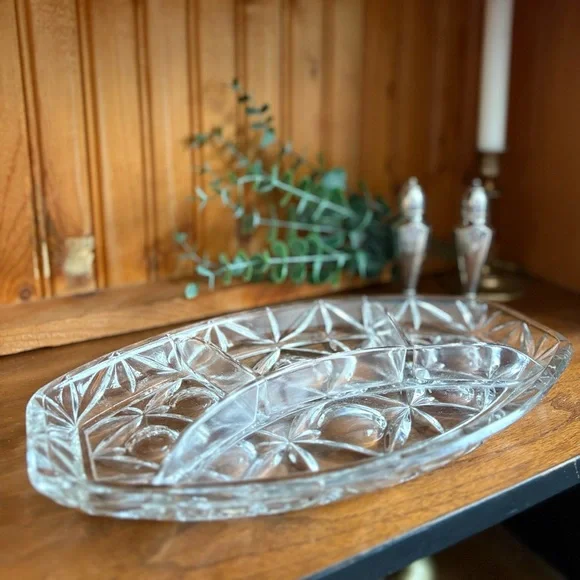 3 / $30 VINTAGE European Heavy Cut Pressed Glass Serving Dish - Picture 3 of 4